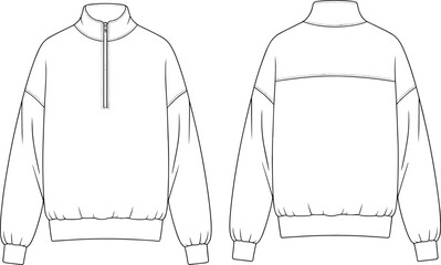 Half zip pullover sweatshirt flat sketch, front and back view, high neck sweater cad template, unisex fashion illustration © Sagor Creatives