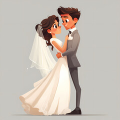 Cartoon Newlyweds Embracing Affectionately in Wedding Attire