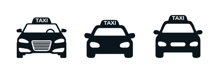 Three Black Taxi Car Icons: Front Side, Simple, Minimalist, Transportation Vector Graphics