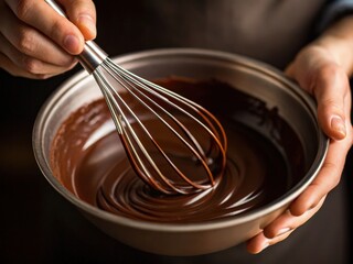 A person is whisking a rich chocolate mixture in a bowl, showcasing a blend of glossy melted chocolate, highlighting a moment of culinary creativity.