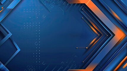 Abstract blue and orange geometric background with layered shapes and digital elements.