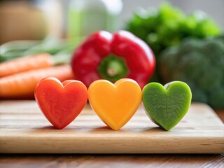 Colorful heart-shaped vegetables on a wooden board, featuring red, orange, and green, with fresh produce in the background.