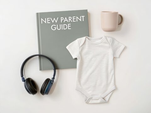 A minimalist flat lay featuring a new parent guide book, a baby onesie, headphones, and a mug, reflecting themes of parenthood and care.