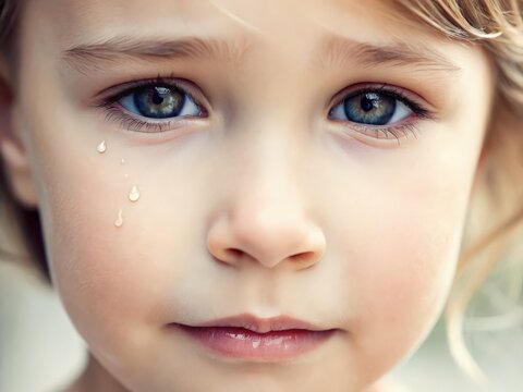 A close-up of a young child with blue eyes, showing tears rolling down their cheeks, conveying deep emotion and vulnerability.