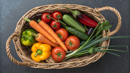 Top view of mixed vegetables in a woven basket, vibrant and harvested.