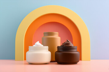 Three jars of cream with white and chocolate swirls in front of colorful layered arches cosmetic skincare