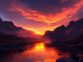 A breathtaking sunset casts a warm, golden glow over a deep canyon with a winding river below. The orange-hued cliffs and the tranquil water create a mesmerizing natural landscape, perfect for travel 