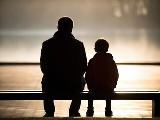 A silhouette of a man and a child sitting together on a bench, gazing at a serene lake during sunset, evoking feelings of connection and tranquility.