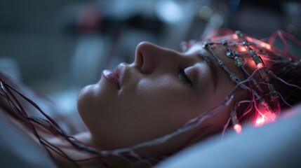 Sharp focus on EEG electrode placements on a sleeping subjects scalp while surrounding lab equipment fades out illustrating data collection for nightmare brain activity in REM
