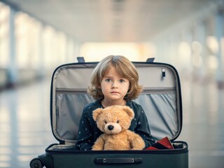 A young child sits in an open suitcase holding a teddy bear, evoking a sense of innocence and nostalgia in an airport setting.