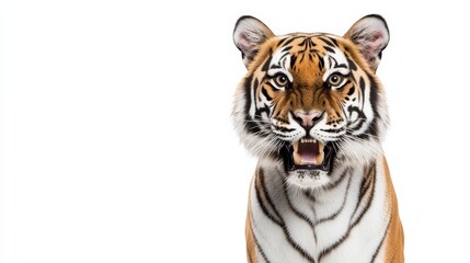 Fototapeta premium Close-up of a Roaring Tiger, White Background, Wildlife Photography, Big Cat Wild Cat, Apex Predator