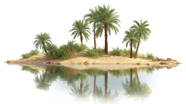 Desert Oasis with Palm Trees background isolated on a Transparent background, PNG file.