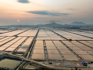 aerial view salt fields in fujian during sunet