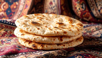 Stack of three Afghan naan on patterned cloth