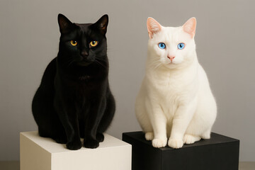 Two cats ara sitting on two cubes: black cat is sitting on the white cube and white cat is sitting on the black cube on gray color background, contrasts 