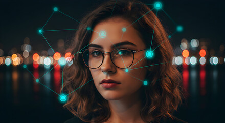 A young woman with glasses looks thoughtfully into the camera, futuristic network connections subtly overlaying her face against a blurred city night background.