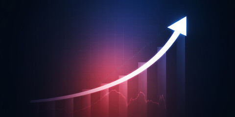 Glowing arrow pointing upwards over a bar chart on a dark blue and red gradient background