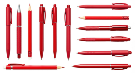Crimson Stationary Ensemble: An eye-level shot showcases an assortment of gleaming, professional red pens, pencils, and fine writing instruments, perfect for business, artistry, and creative work.