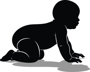 Silhouette of crawling baby, child development illustration, early movement posture, infant growth vector, black and white concept, milestone symbolism