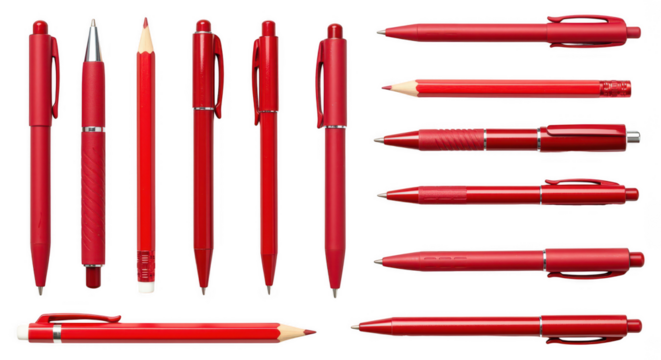 Crimson Stationary Ensemble: An eye-level shot showcases an assortment of gleaming, professional red pens, pencils, and fine writing instruments, perfect for business, artistry, and creative work.