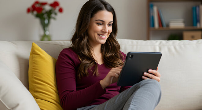 Happy woman relaxing on couch using tablet, enjoying online shopping and browsing social media at home. - Powered by Adobe