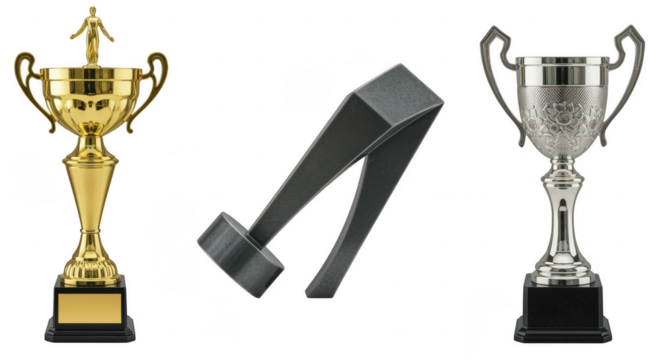 Elegant Trophies: Three stunning trophies stand as symbols of achievement and honor, each a unique testament to dedication and excellence. Showcasing a variety of designs and materials.