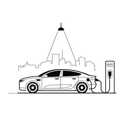 Electric car charging at station in city line art illustration