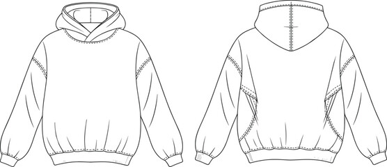 Stylish Hoodie Flat Sketch, Front and Back CAD Drawing, Fashion Design Vector Template, Technical Illustration for Modern Apparel Use