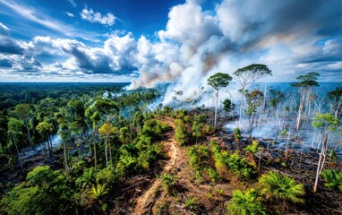 Aerial view of deforestation with fire