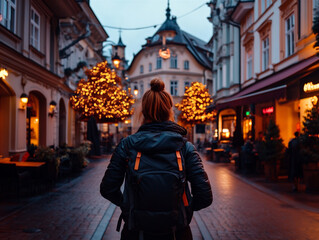 A solo traveler wanders through the charming streets of an old European city, surrounded by historic architecture and cobblestone paths. The warm lighting and vintage atmosphere evoke a sense of nosta