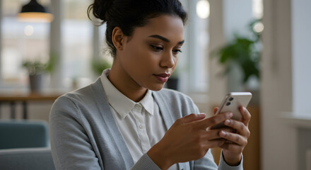 Focused businesswoman checks her smartphone for important emails and messages during her workday break in a modern office.