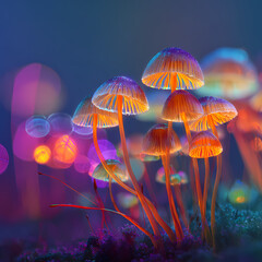Glowing Mushrooms Cluster on Mossy Forest Floor at Twilight