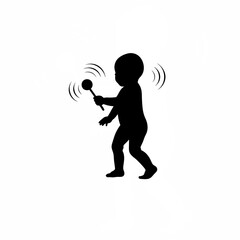 Silhouette of a baby holding a rattle and shaking it on white background