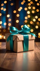 Wrapped gift on wooden table with festive lights