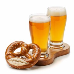 Cheerful pretzel beside two glasses of golden beer on wooden board  