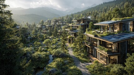 Real estate Architectural rendering of eco-friendly community development solar panels integrated into roofs energy-efficient homes clustered together