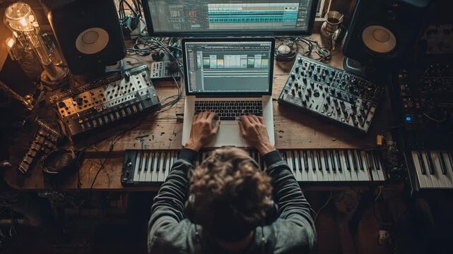 Music producer editing tracks in a cozy, gear-filled workspace.