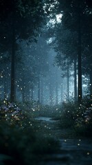 Fototapeta premium magical forest at dusk with glowing fireflies scattered throughout, soft ambient light