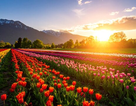 Scenic tulip fields at sunrise with mountains and blue sky in the background