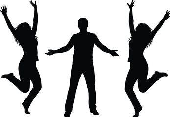 Silhouette of people jumping, celebrating success, energetic mood, black vector illustration, fun and joy, happiness, lifestyle concept, white background