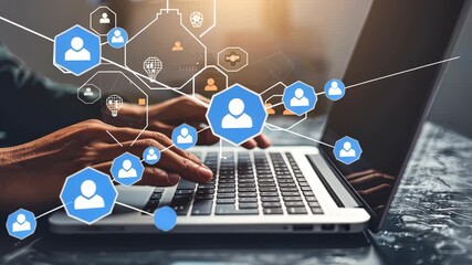 Hands typing on a laptop as digital icons representing social interaction and online networking appear in a contemporary office space - Powered by Adobe