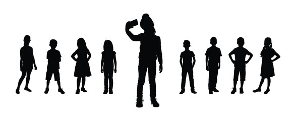 Little girl taking selfie in front of her friends isolated black silhouette on white background.