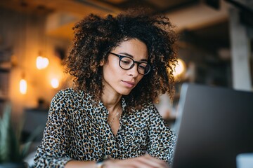 Young woman working on laptop in modern cafe with warm lighting in afternoon
