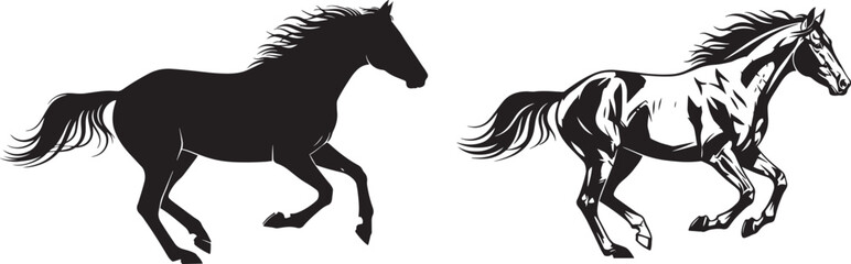 Silhouette of two running horses isolated on white background for design use