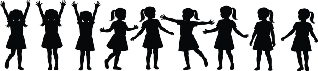 Silhouette of playful children, jumping and dancing, white background, energetic movement, fun pose collection, kid activity, vector illustration, joy