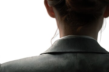 Businesswoman facing a blank background showcasing professionalism and poise in a formal suit during a corporate setting