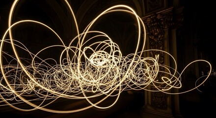 Abstract golden light trails swirl and loop in a chaotic dance within a dark, ornate room.