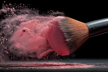 Fototapeta premium Pink powder bursts from makeup brush against black in dramatic motion shot
