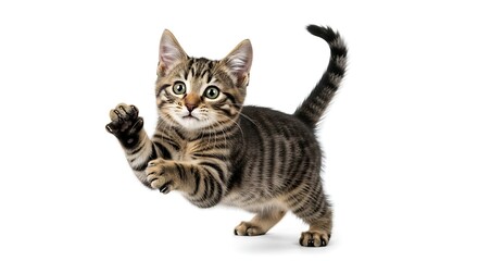 Fototapeta premium Playful Tabby Kitten Mid-Pounce with Green Eyes and Striped Markings