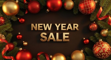 Golden New Year Sale text surrounded by festive Christmas ornaments and pine branches